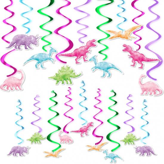 WERNNSAI Watercolor Dinosaur Party Hanging Swirl - 24Pcs Dinosaur Party Decorations for Girls Kids Birthday Baby Shower Foil Whirls Ceiling Streamers