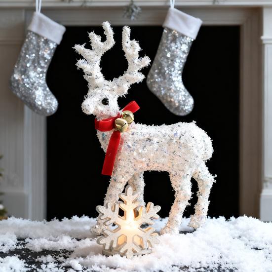 Christmas Reindeer Figurine Plastic White Elk Sculpture with Scarf Small Deer Statue Table Ornaments for Xmas Tabletop Mantel Shelf Decor