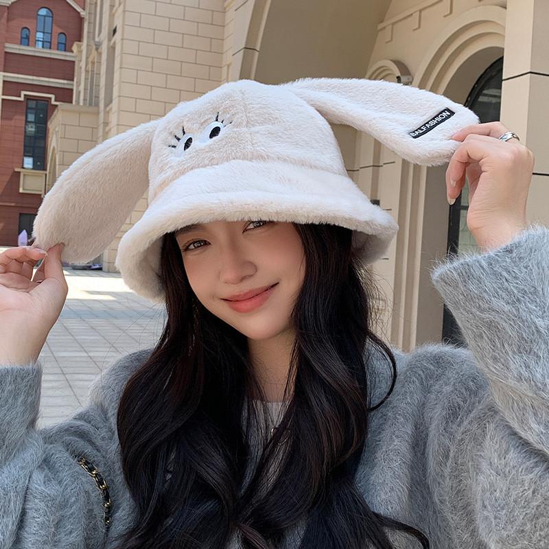 Korean Style Plush Rabbit Ears Bucket Hat With Warm Windproof Function For Outdoor Winter Wear