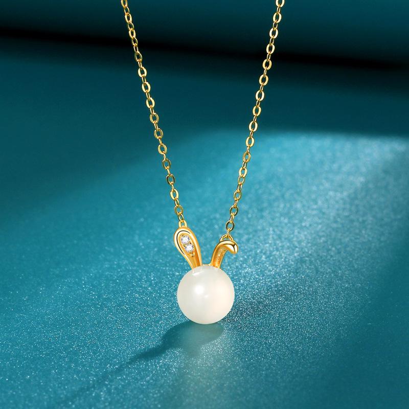 S925 Sterling Silver Rabbit Chalcedony Pendant Necklace - Cute Forest Style for Women S925 Silver золотой