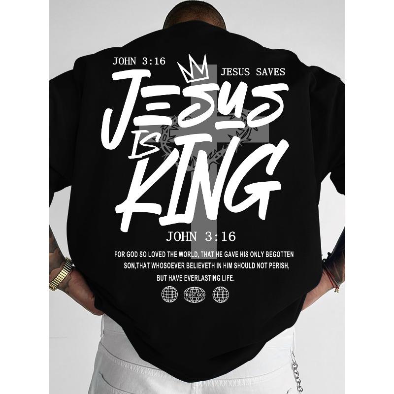 European Size European and American Style Men's Graphic T-Shirt | 'JESUS IS KING' Slogan + Bible Verse Quote Print, Casual Dating