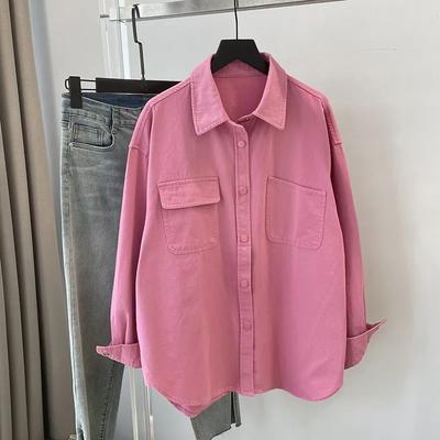 Women's Oversized Casual Shirt Beige Long-Sleeve Lapel Button Down Top
