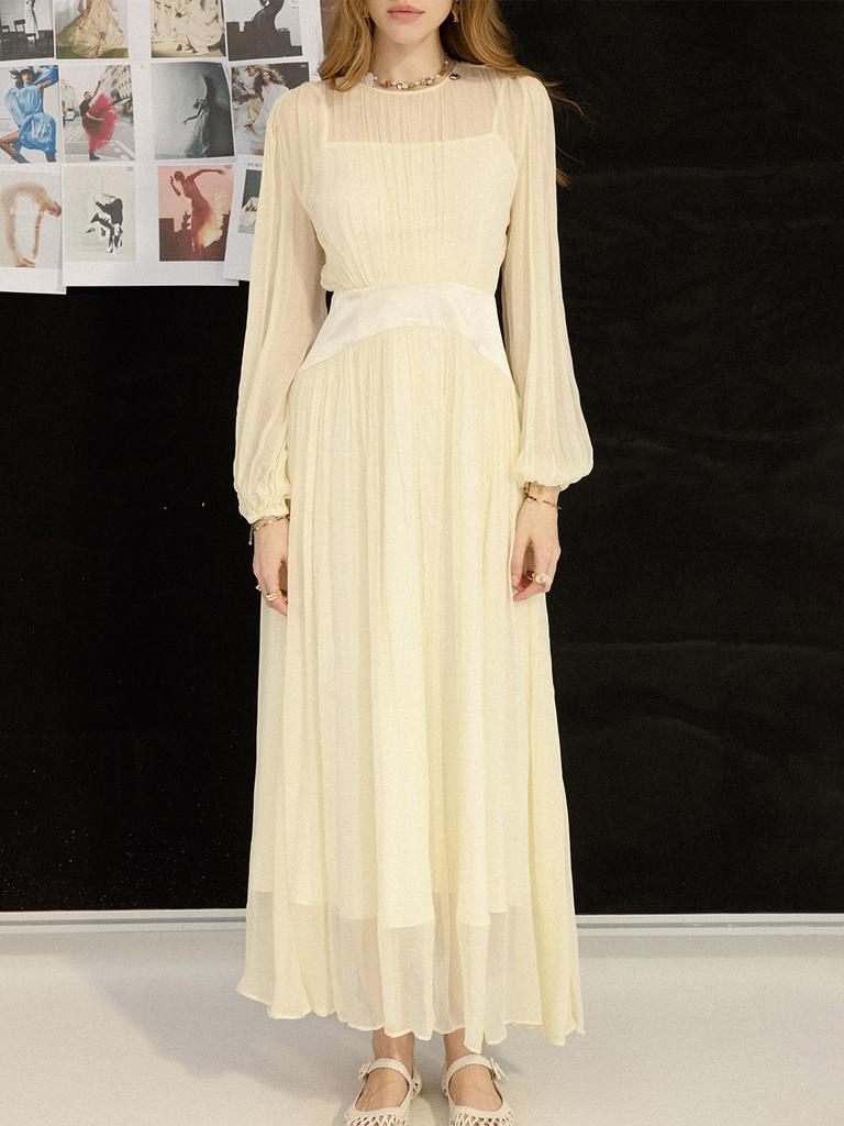 Sinseuden Wrinkle Satin Color Block Long Dress