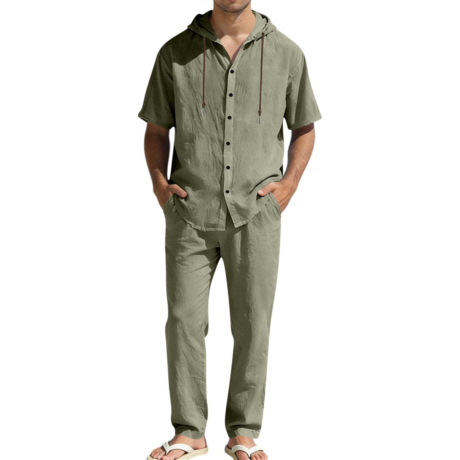 Men s Summer Casual Linen Set: Short-Sleeve Hooded Shirt And Loose-Fit Pants L армия зеленый