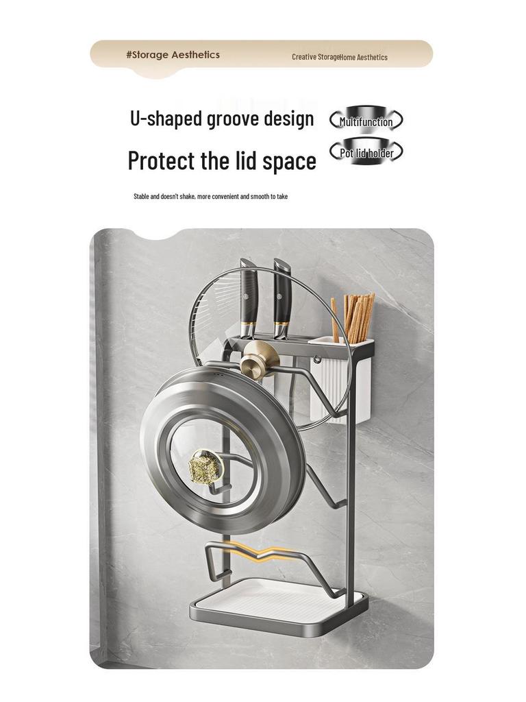 Wall-Mounted Multi-Functional Storage Rack: Cutting Board, Lid, Knife, Spoon, Chopstick Holder - No-Drill Installation.