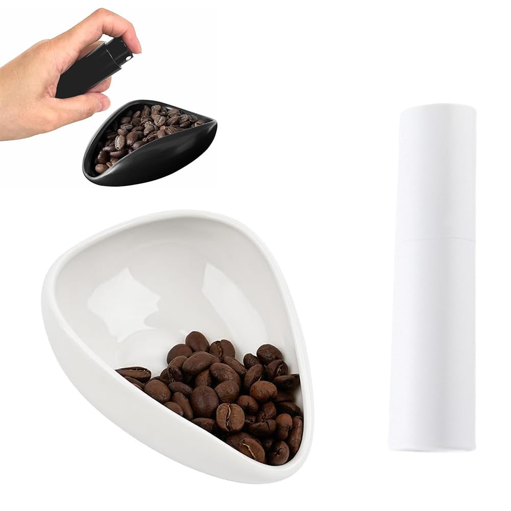 Coffee Bean Cup and Spray Bottle Set - Wake Up Beans Ceramic Measuring Tray Coffee Measuring Cup Container (White)