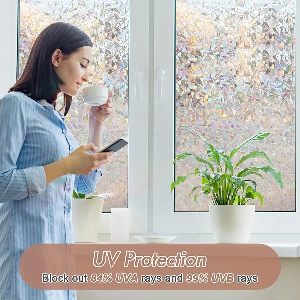 Window Privacy Film Rainbow Static Cling Stained Glass Film Window Covering Sticker - Non-Adhesive Removable Reflective for Home