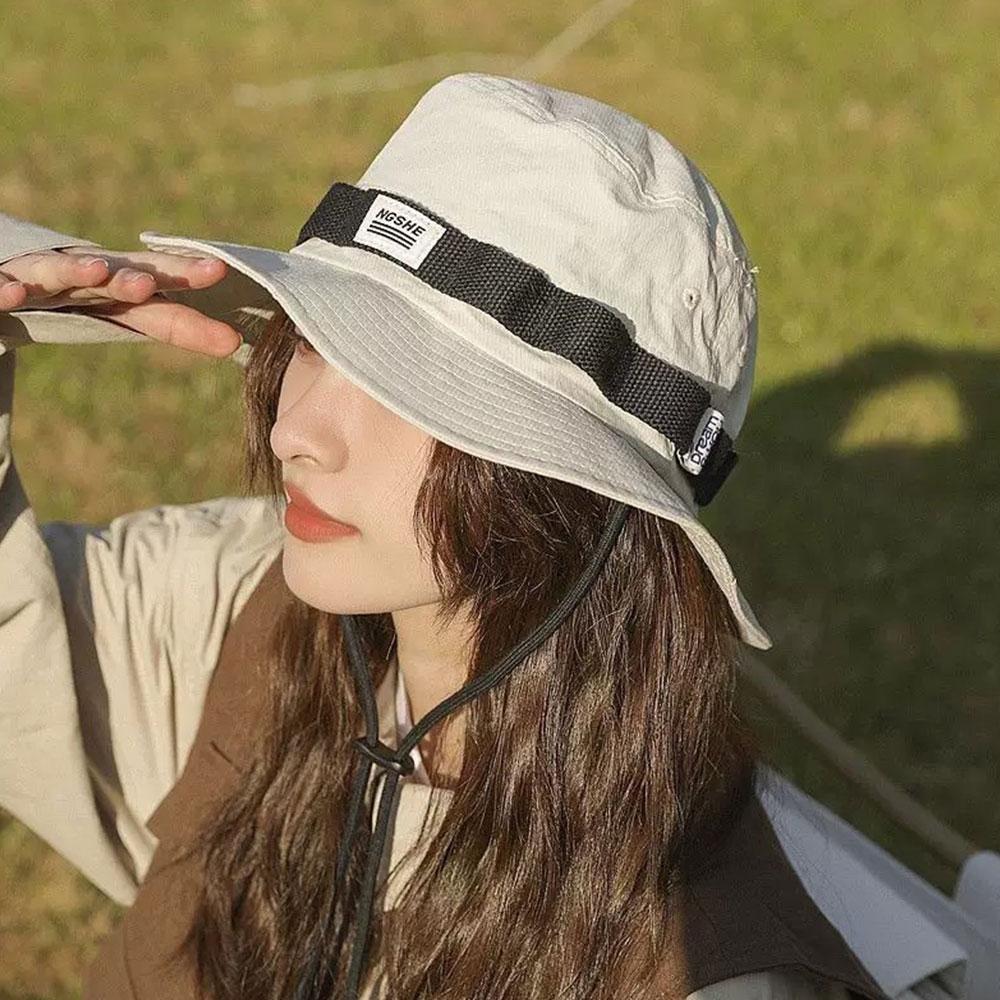 Outdoor Windproof Bucket Hat Adjustable Chin Strap Wide Brim Breathable Fishing Sun Hat Casual Travel Camping Fisherman Cap