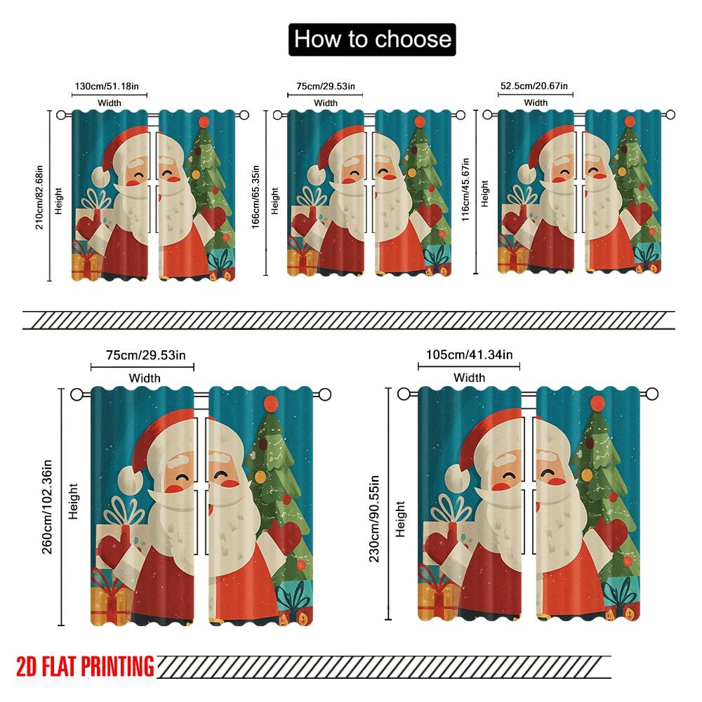 2pcs,2D Plane Printing Light Filtering Curtains Santa Claus and Tree Versatile Durable Polyester (without Rod) All Seasons Use