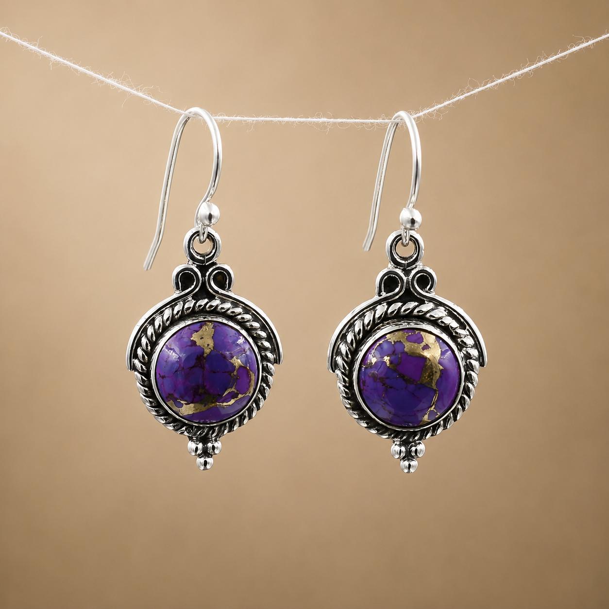 

Purple Copper Turquoise Earrings in 925 Sterling Silver, Handmade Boho Dangle Earrings, Oxidized Gemstone Jewelry for Women срібний