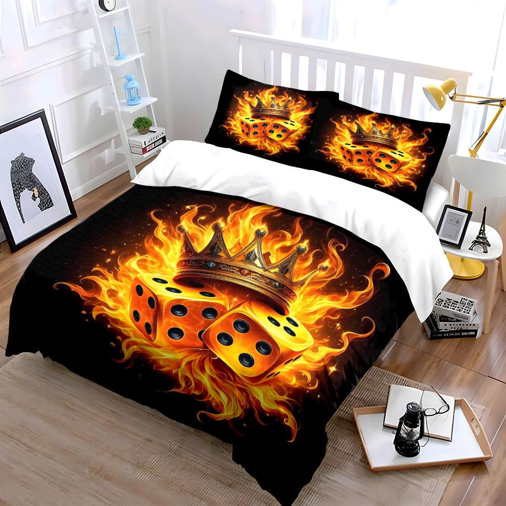 Fiery Crown and Dice Design Bedding Duvet Cover Set  (1*Duvet Cover 2*Pillowcases, without duvet insert)