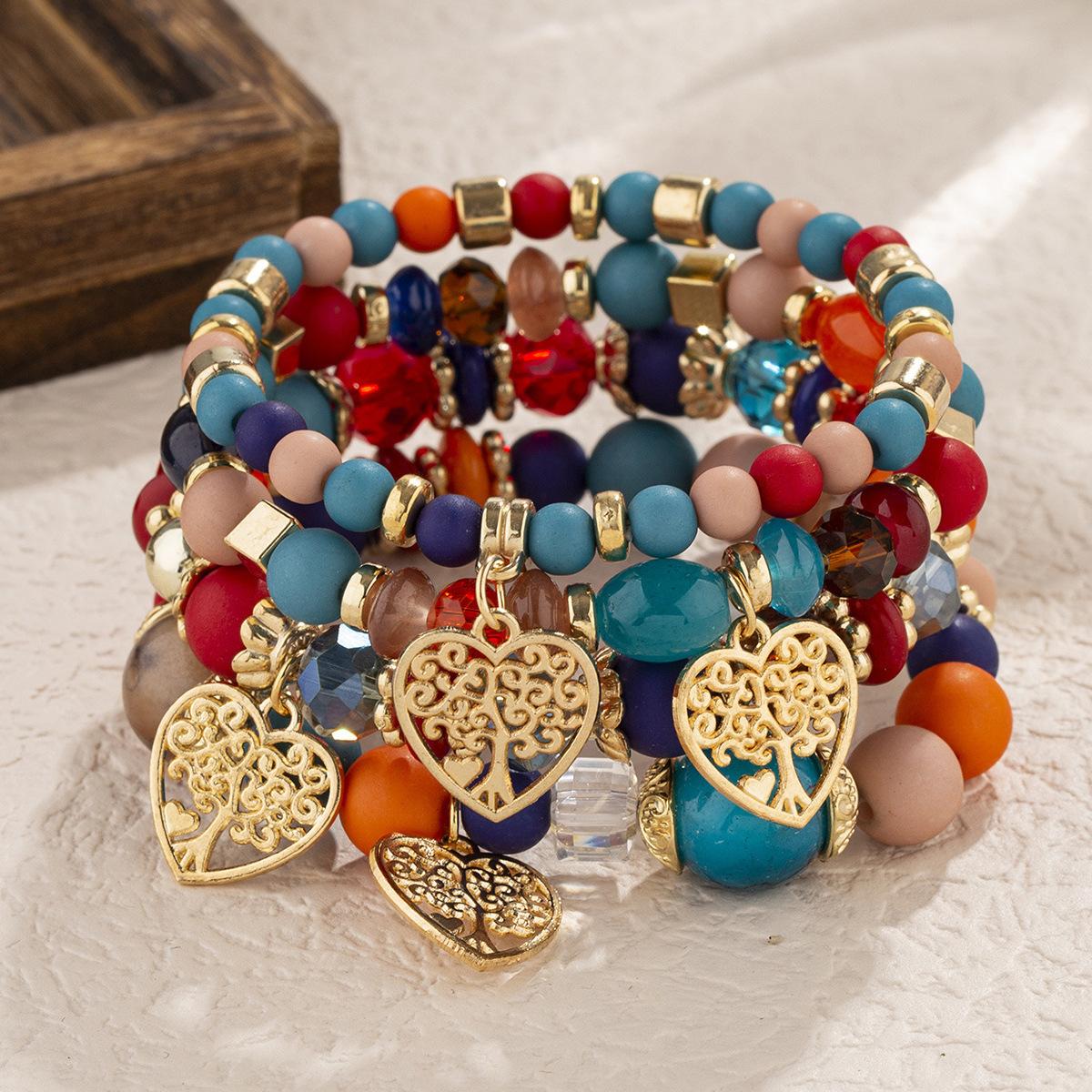 Богемский Креативный Стеклянный Бисер Многослойный Браслет Персиковое Сердце Многослойный Браслет с Кисточками