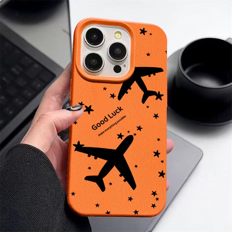 Airplane Pattern TPU Leather Texture Case For iPhone 16 Pro Max 15 Pro 14 13 12 11 Soft Matte Shockproof Lens Protection Slim Phone Cover