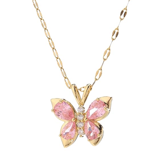 Colar Pingente Borboleta Rosa Coquette de Aço Inoxidável para Mulheres