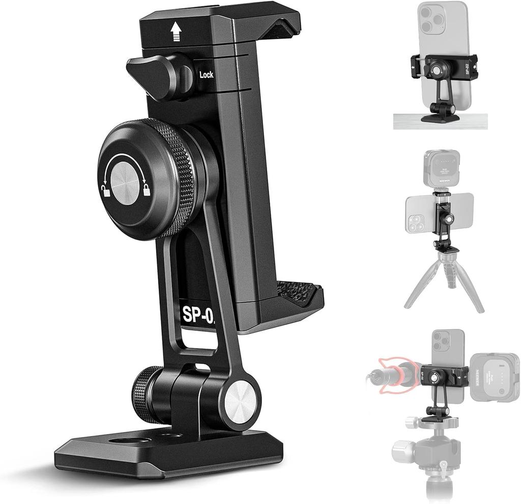 NEEWER Smartphone Tripod Mount Aluminum Smartphone Holder Clamp with Cold and Compatible with iPhone Pro Mini and Galaxy S23 Adapter, Shoe, 1/4" 3/8"