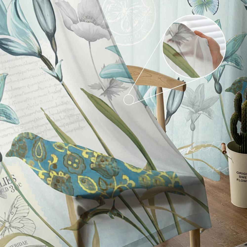 Rustic Vintage Tulip Flower Bird Sheer Curtains for Living Room Decoration Window Curtain Kitchen Tulle Voile Organza Drapes
