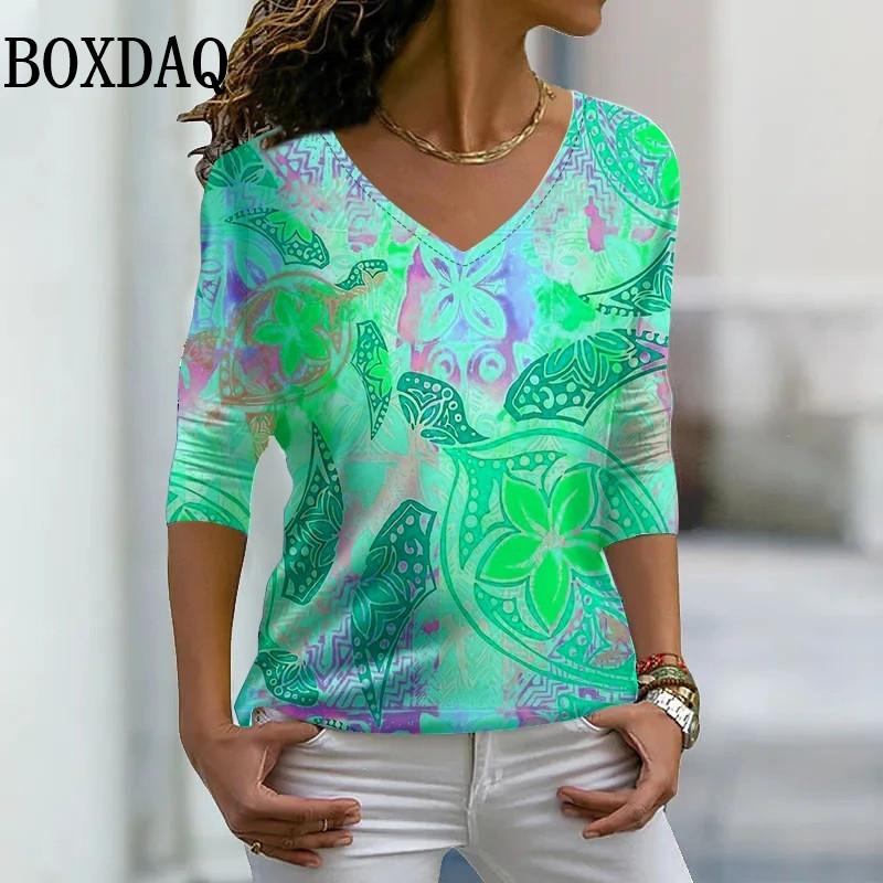 New Spring Women V-Neck Top Fashion Design Painting Printed Oversized T Shirt Daily Street Long-Sleeve Casual Tee Clothes