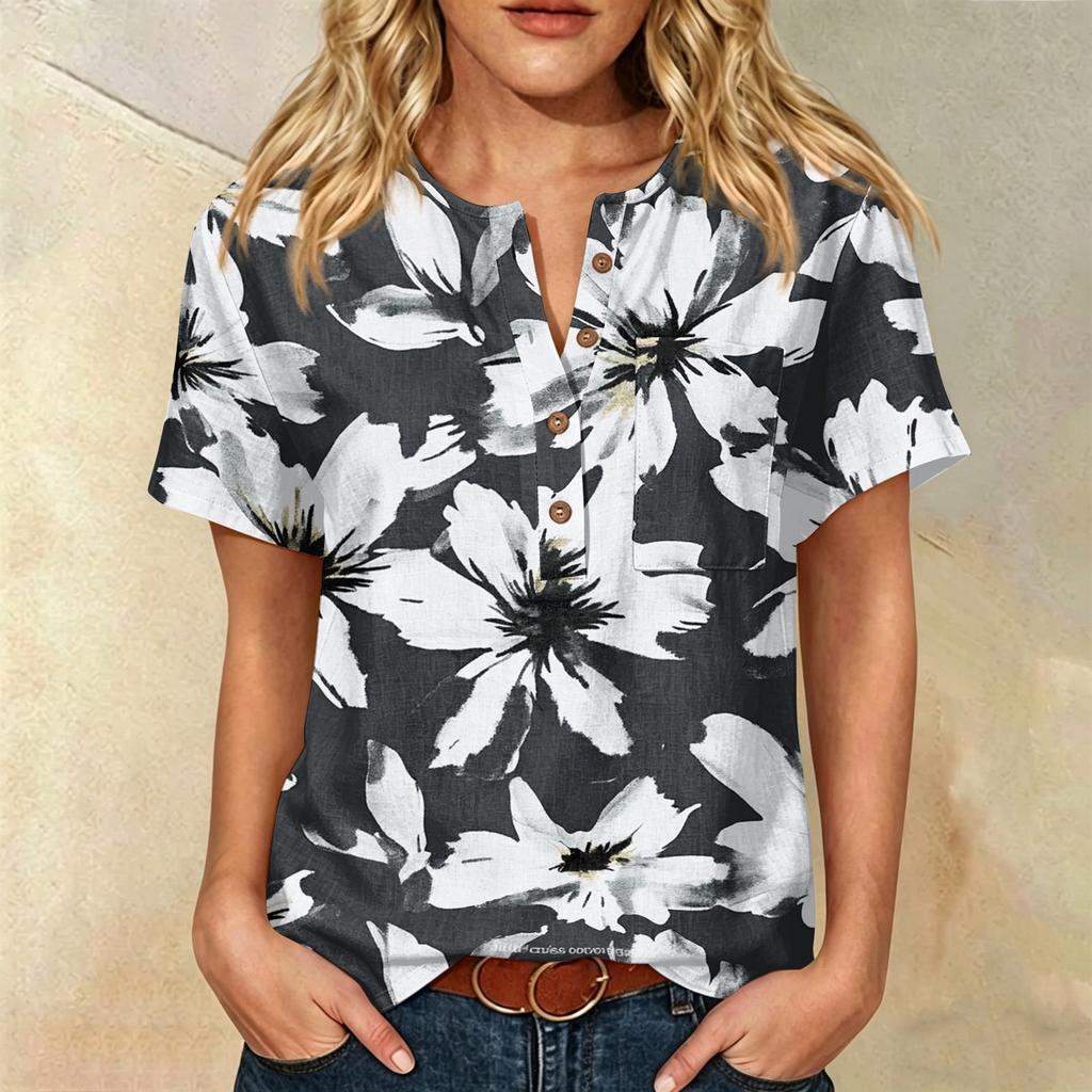 Damen Kurzarm Henley-Hemd mit Brusttasche Leichte Baumwoll-Leinen-Mischung Tropischer Print Lässiges Sommeroberteil