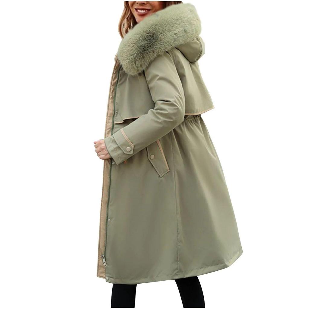 Koreanischer Stil Damen Mittellange Baumwolljacke Hoodie Passform Damenjacken Winter Mittellang Büro Baumwollmäntel Warme Fleece Parkas