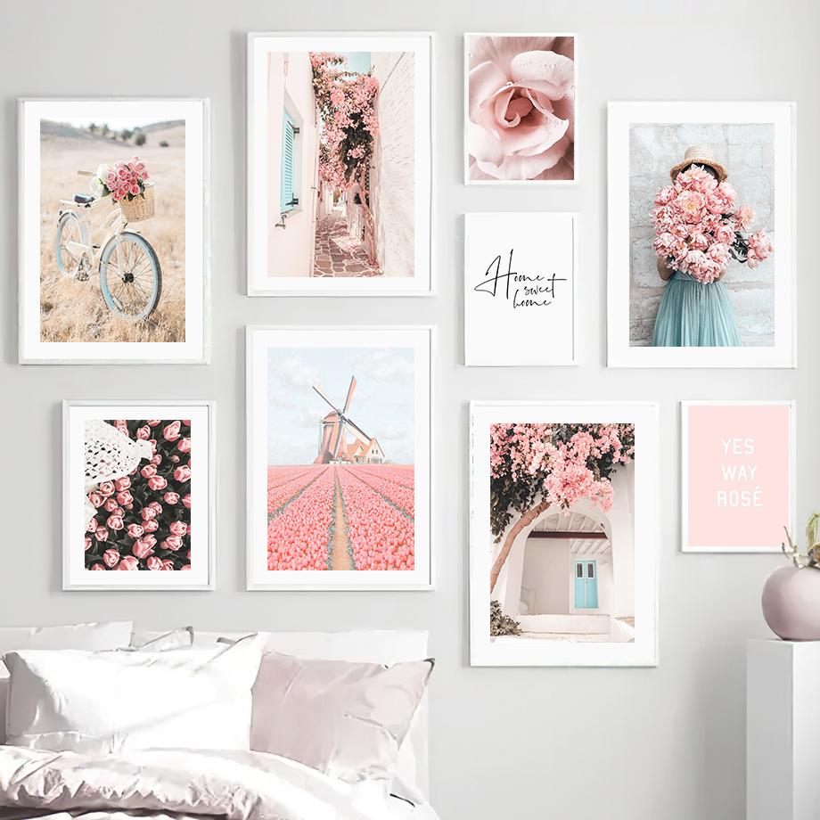 Pink Lily Rose Peony Girl Flowers Wall Art Canvas Painting Nordic Posters and Prints Pictures for Living Room Bedroom Home Decor