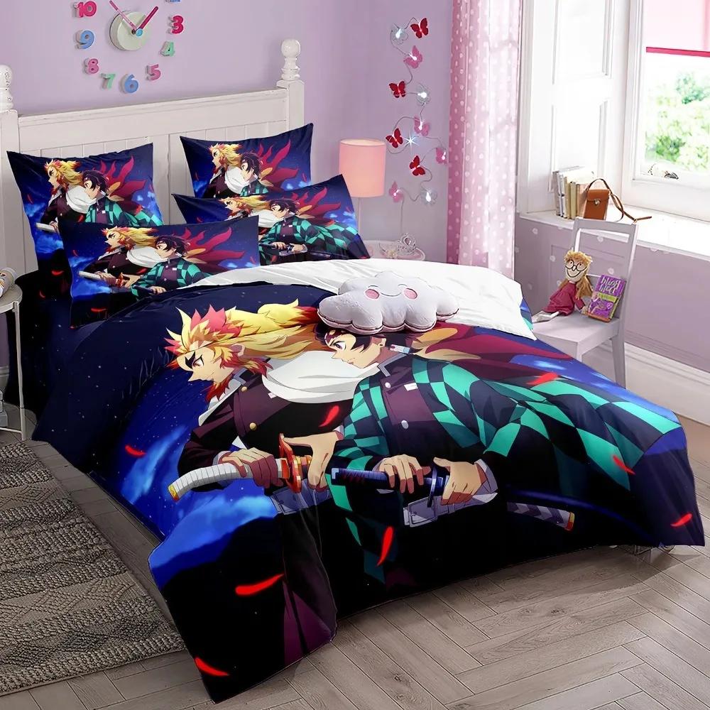 Anime Demon Slayer Comforter Sets, 3D Bedding Set, Duvet Cover Pillowcase with Zipper 140x200cm, Gift for Boys and Girls.