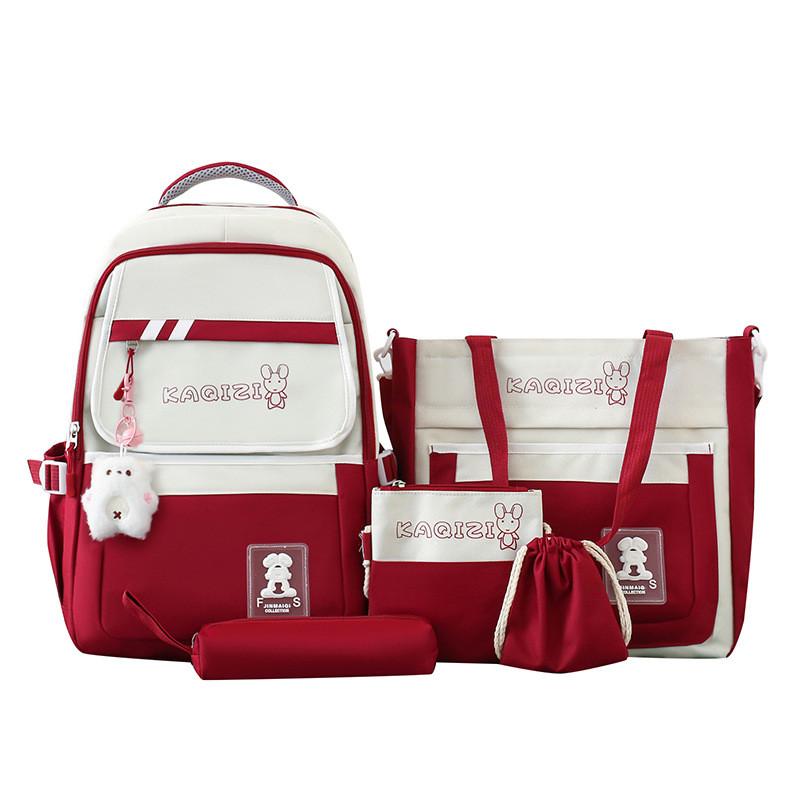 Canvas Casual Backpack Five Piece Set For Students With Rabbit Letter Pattern For School Use