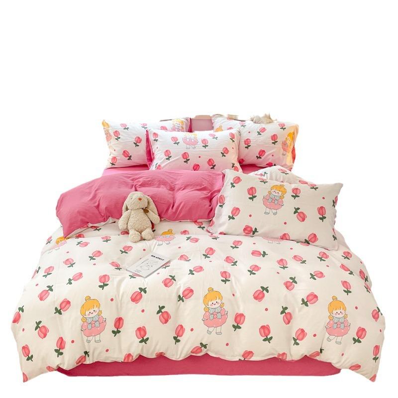 Class A Maternal And Infant Grade Washed Cotton Four-Piece Set Cotton Cartoon Small Fresh Pure Cotton Mattress Quilt Cover 3Pcs Set