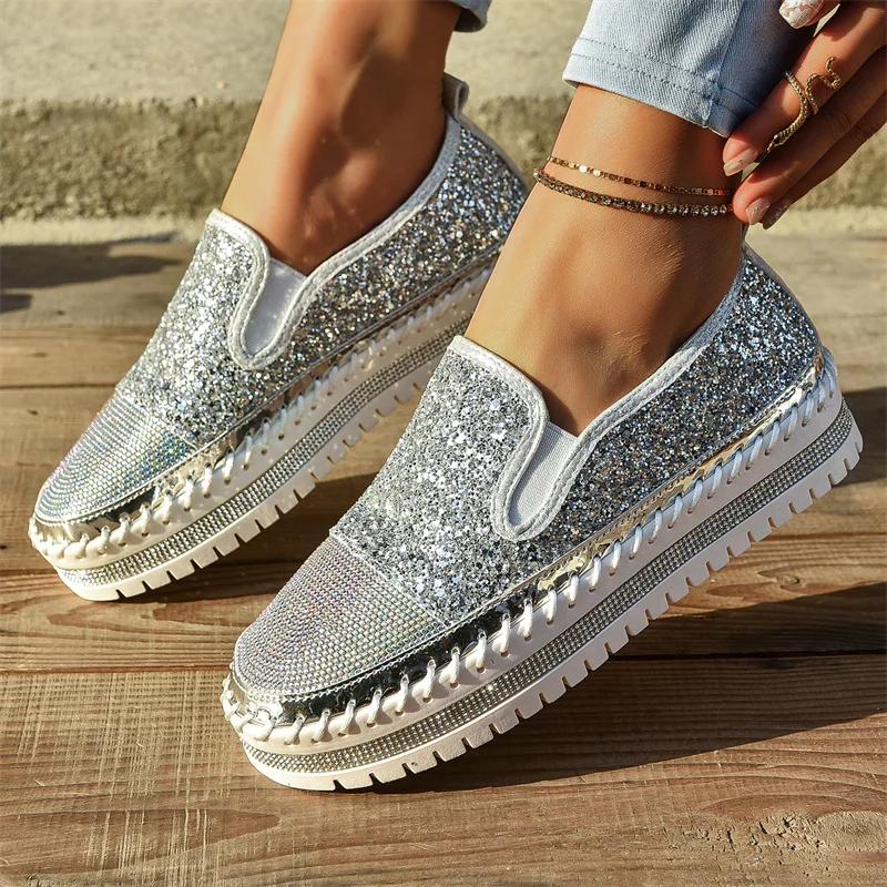 2024 New Sneakers Women Casual Shoes Fashion Rhinestone Crystal Platform Slip-on Women Flats Luxury Comfortable Women Sneakers