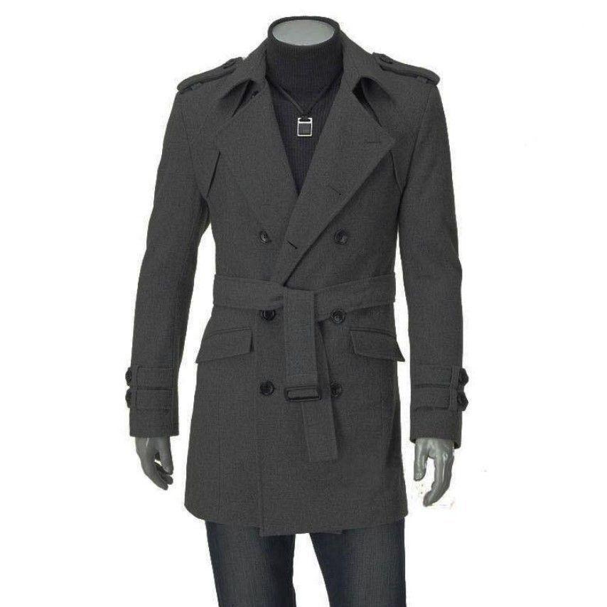 Korean Style Men's Autumn/Winter Double-Breasted Wool Coat with Shoulder Badge