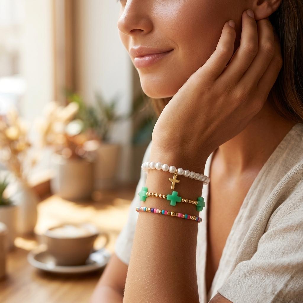 Go2boho 3Pcs Cross Beaded Bracelets for Women, Pearl Look Colorful Stackable Stretch Bracelet Set Boho Jewelry Gifts