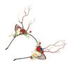 Deer Antler Flower Crown Headband Fairy Flower Reindeer Cosplay Headdress with Lace Ears Blueberry Berry Tree Branch
