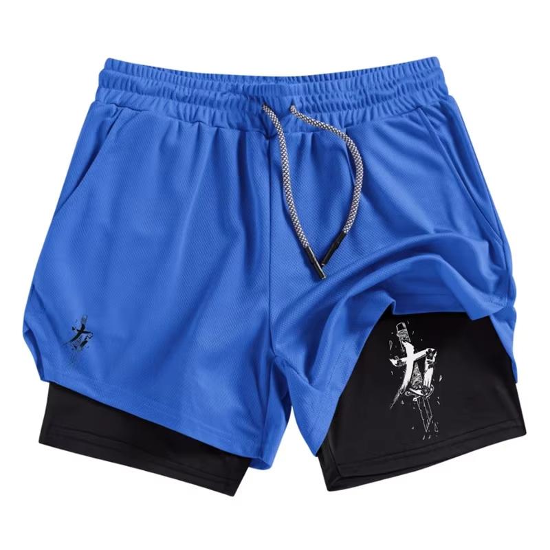 Men's 2-in-1 Running Training Sword Pattern Breathable Quick Drying Sports Shorts with Mobile Pocket Gym Shorts 10106