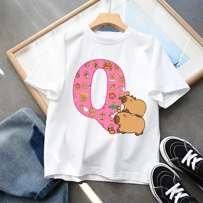 Cute Capibala Letter Printed Short Sleeved Pure Cotton Tshirt for Children Comfortable and Breathable Top Gift 2025