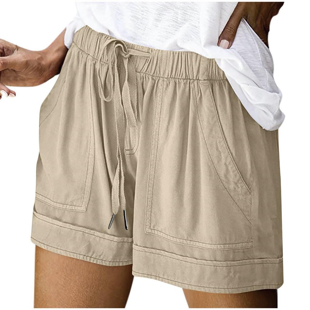 Women's Summer Large Size Loose Solid Color Drawstring Lace-Up Pocket Casual Shorts Women