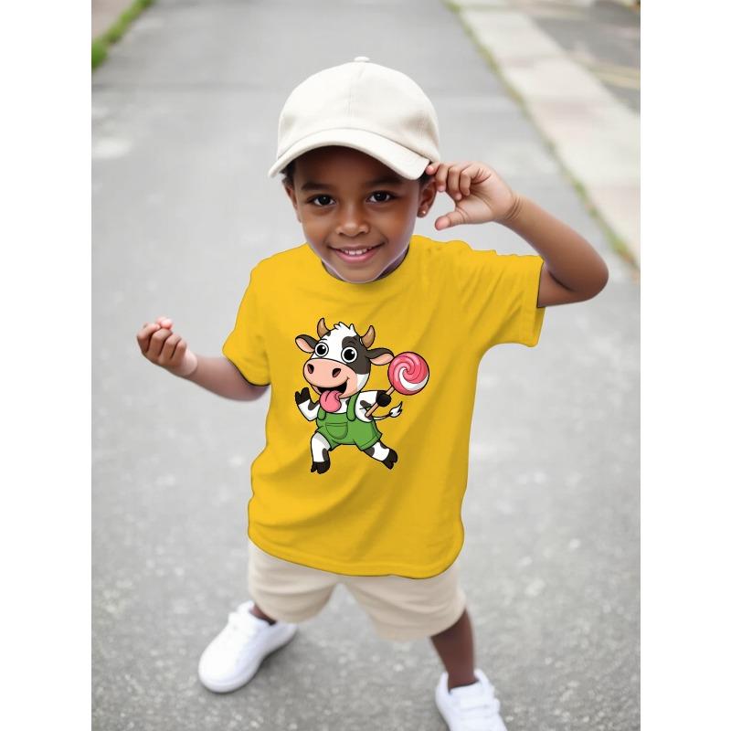 European Size Boys Round-neck Short-sleeved T-shirt with Cartoon Cow Holding Lollipop Pattern Print