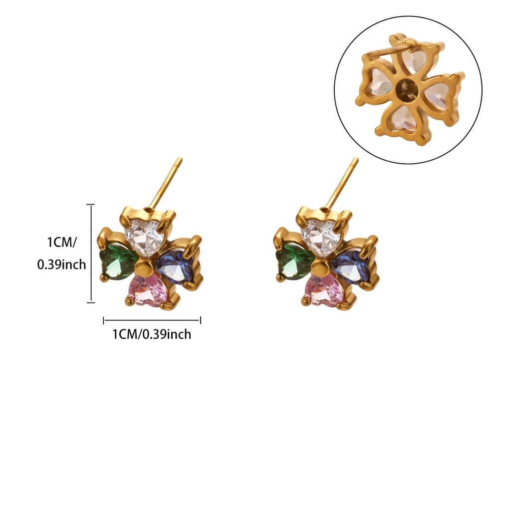 Vierblättrige Kleeblüten-Steckohrringe für Damen, eingelegt mit farbigem Zirkon, vielseitiger Ohrschmuck aus Edelstahl, 18K Gold-beschichtet