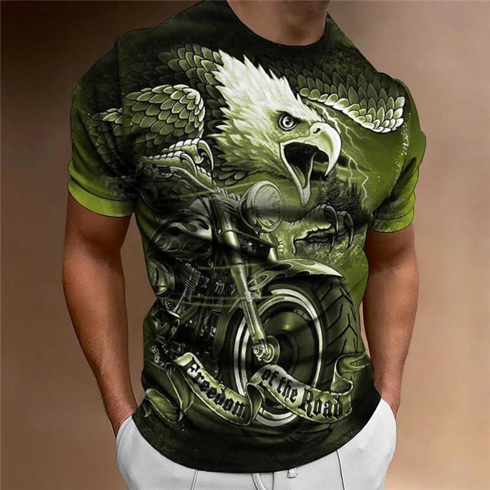 Men's Animal Pattern T-Shirt, Eagle, Motorcycle, 3D Print, Vintage Trendy Loose Large Size Casual Street Short Sleeve Top
