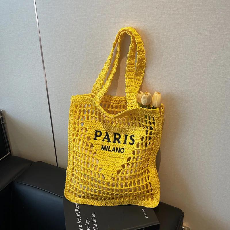 

Women s Hollow Out Woven Shoulder Bag Letter Embroidered Handbag New Summer Fashion Beach Vacation Tote Bag Casual Simple Bag 30x7x38cm жёлтый