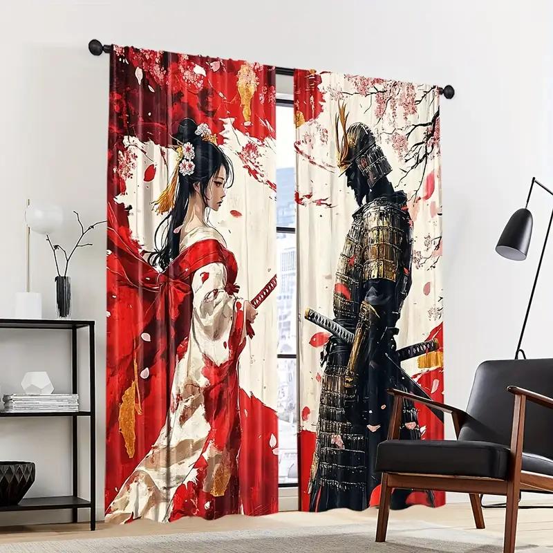 2pcs Japanese Samurai Geisha Printed Curtains, Designed for Light Filtering, Quality Material, Ideal for Japanese-Style Home Win