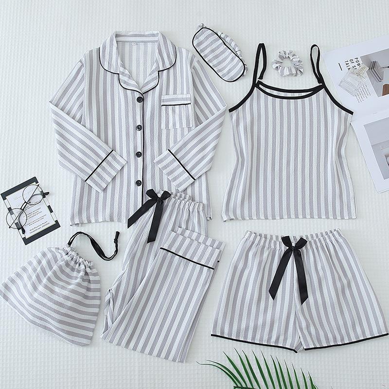 Parent-Child Matching Cotton Pajamas Set - Women's Tank Top & Shorts with Children's 7-Piece Homewear.