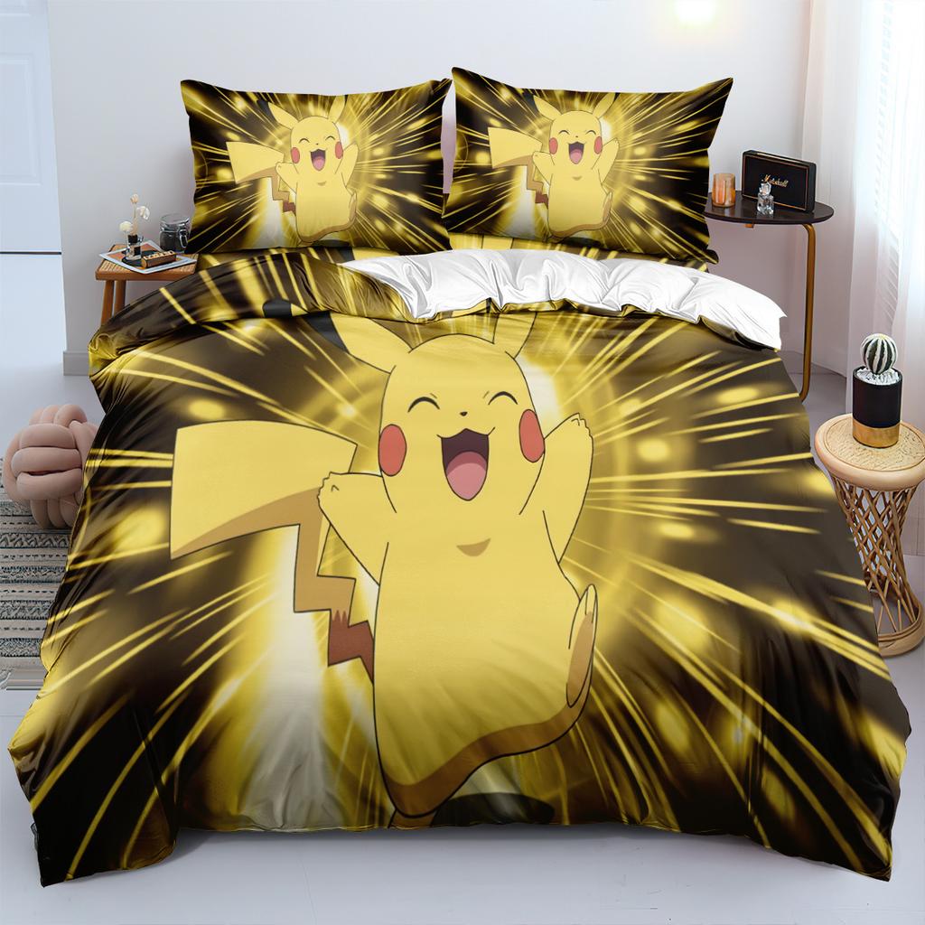 Sött P-Pokémon Sängkläder Set för Barn Pojkar Tecknad Tryckt Påslakan Täcke Set Pikachu Överdrag Sängkläder Set