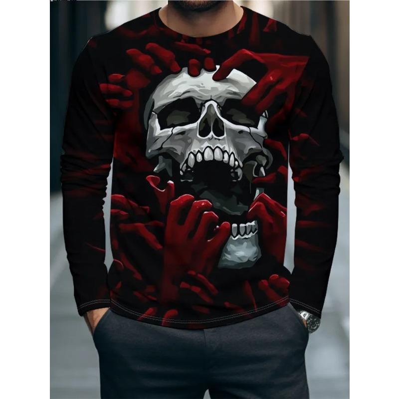 Autumn Men's 3D Horror Skull Print Crew Neck Long Sleeve T-Shirt