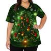 Women's Christmas Print V-Neck Short-Sleeve Work Top with Pockets and Side Slits
