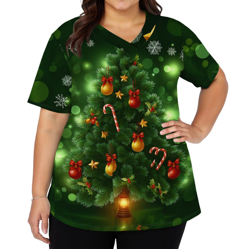 Women's Christmas Print V-Neck Short-Sleeve Work Top with Pockets and Side Slits