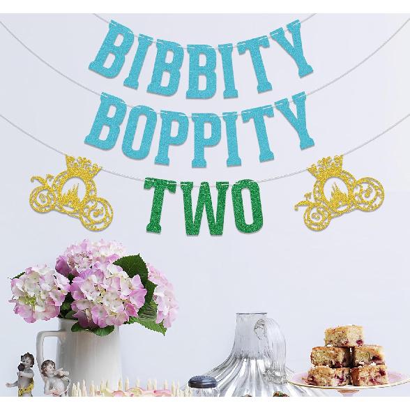 Bibbity Boppity Two Banner,2nd Birthday Party Decor,Two Birthday Decorations,Pumpkin Cart Theme Birthday Decorations Supply Blue & Green