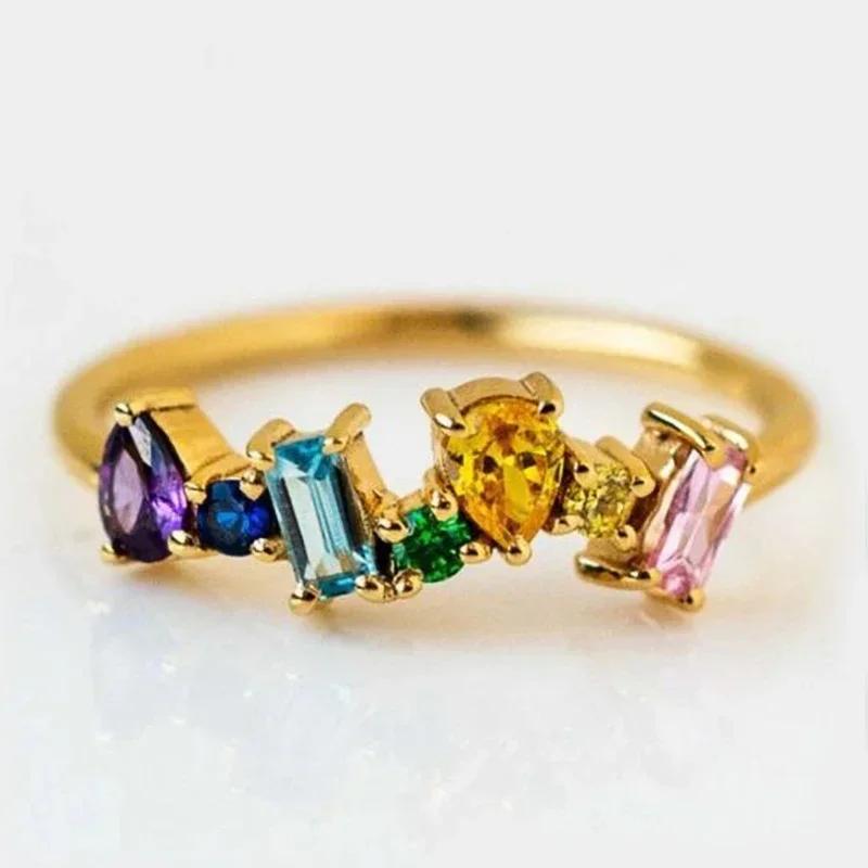 

Luxury Rainbow Colored Cz Gold Color Ring For Women Fashionable Statement Female Finger Ring Party Accessory New Style 10