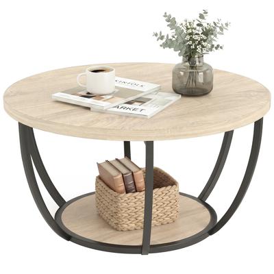 Round Coffee Table Center Table For Living Room With Storage Shelf And Metal Frame 80x80x43.8 Cm Oak