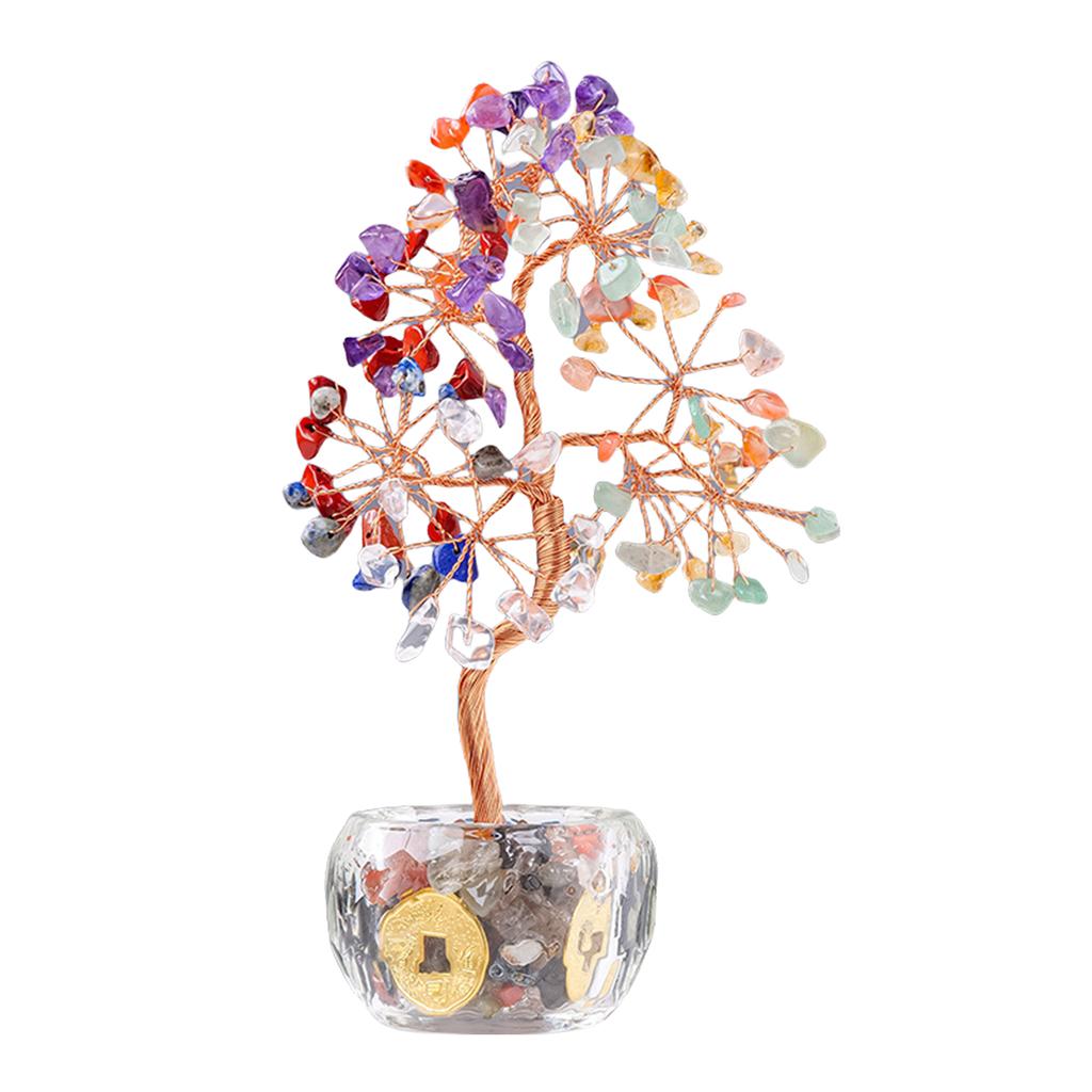 Multicolor Crystal Potted Tree Crystal Stone Wealth Tree Figurine for Positive Energy and Fortune Wealth Success