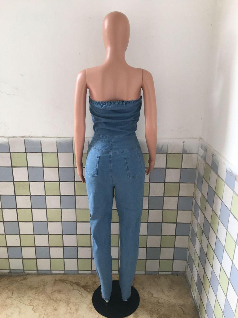 European American Strapless Slim Fit Denim Jumpsuit for Women