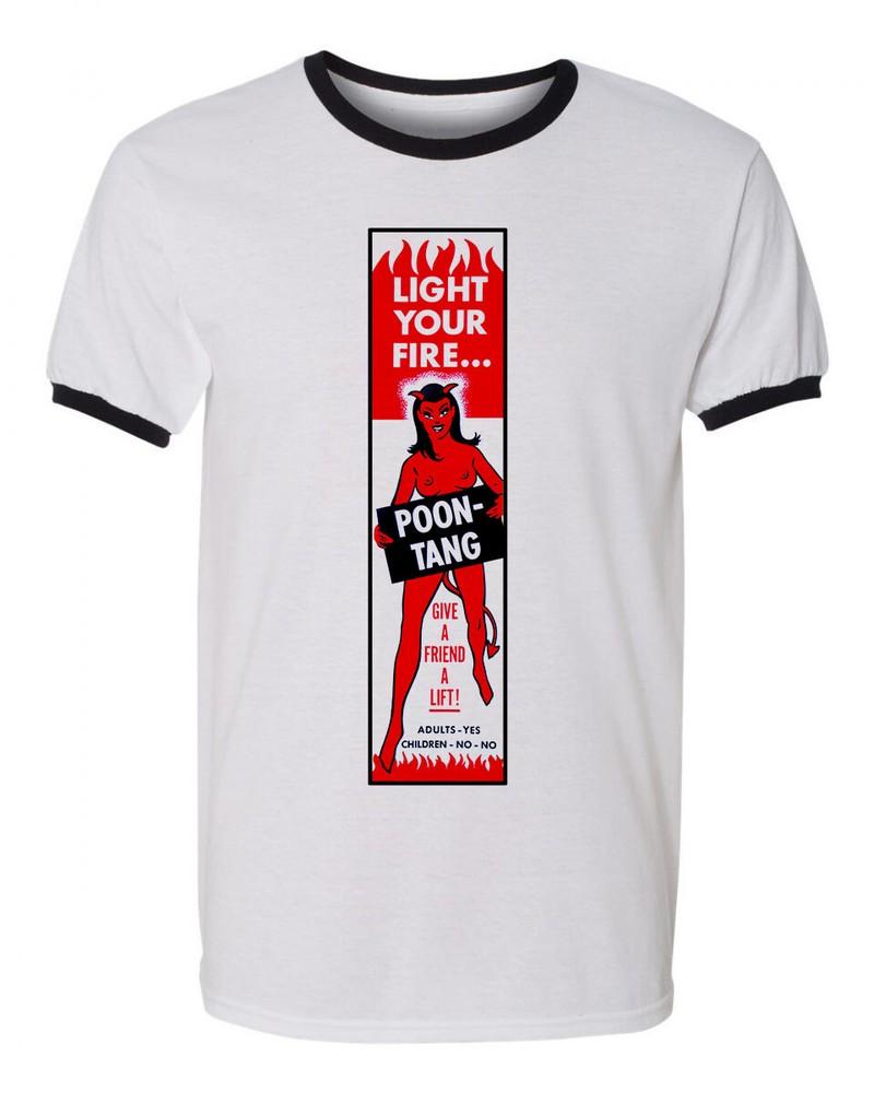 Unisex Ringer Tee T-shirt Cotton Novelty 70s Funny Condom Retro Pinup Art Devil Unisex T-Shirt